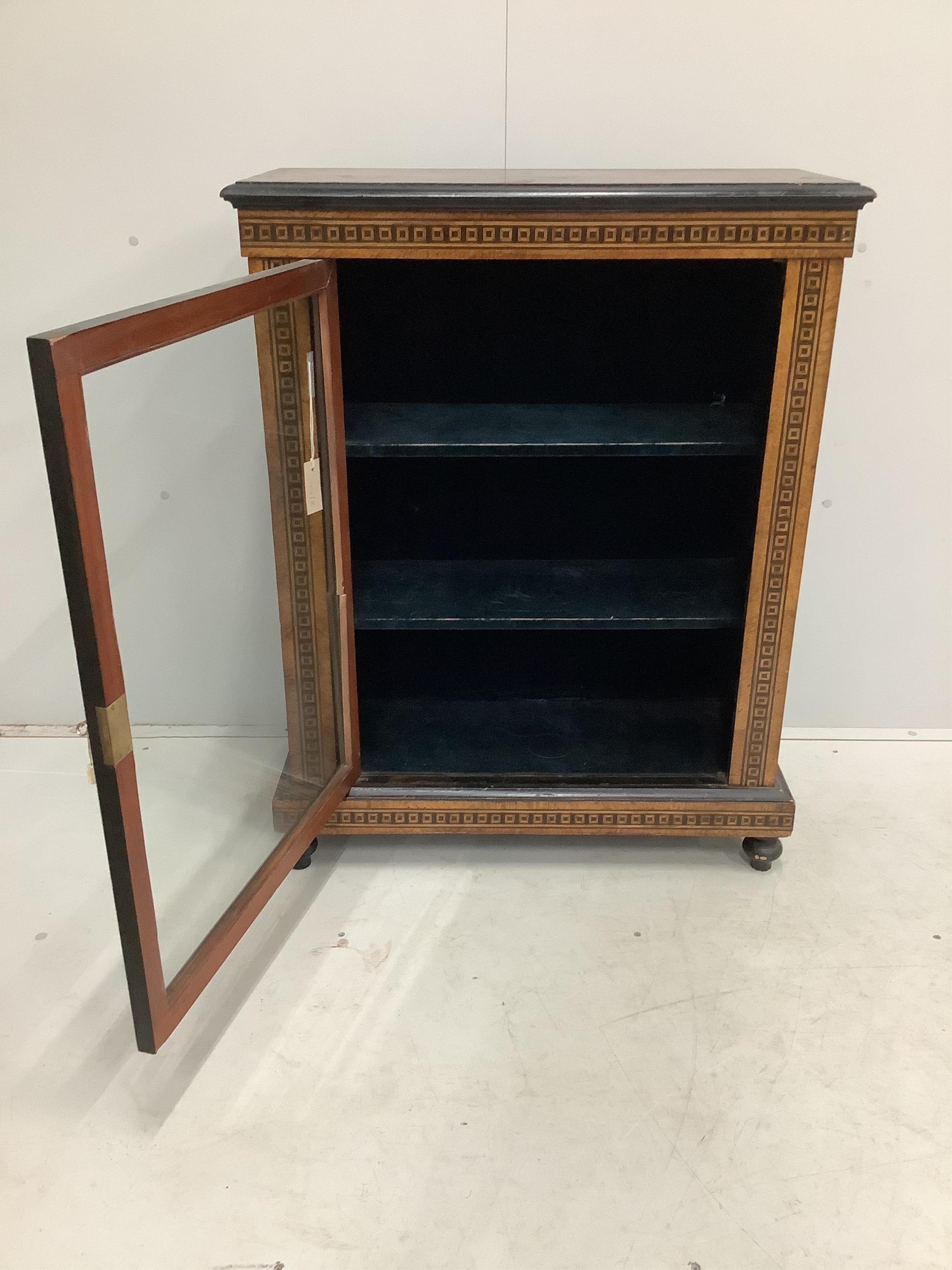 A Victorian parquetry inlaid amboyna pier cabinet, width 79cm, depth 34cm, height 102cm